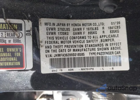 2009 Honda Civic Hybrid from USA, damaged, VIN JHMFA36289S018585
